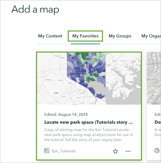 Carte Locate new park space dans l’onglet My Favorites (Mes favoris) de la fenêtre Add a map (Ajouter une carte)