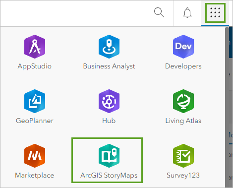 ArcGIS StoryMaps dans le menu App Launcher (Lanceur d’applications)