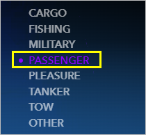 Types de navires Passenger (Passagers) sélectionnés dans l'application.