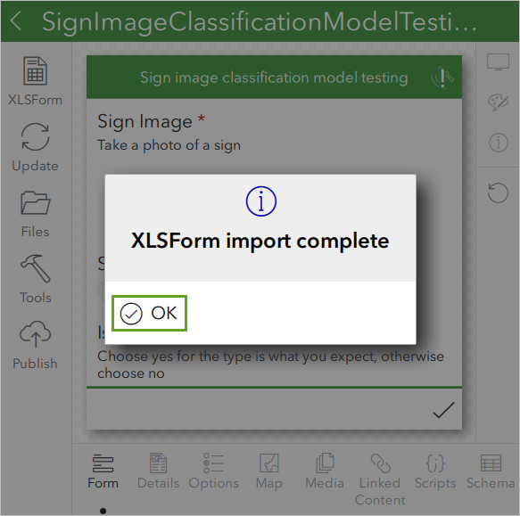 Fenêtre Importation de XLSForm terminée