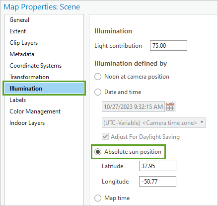 Option Absolute sun position (Position absolue du soleil)