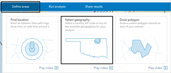 Select geography (Sélectionner une géographie) dans le menu Define areas (Définir des zones)