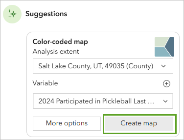 Bouton Create map (Créer une carte) pour la carte avec code couleur suggérée dans la fenêtre Assistant (Beta) [Assistant (bêta)]