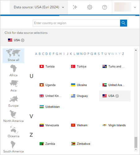 Menu des sources de données dans le monde