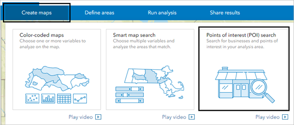 Points of interest (POI) search (Recherche de points d’intérêt) dans le menu Create maps (Créer des cartes)