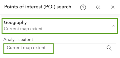 Analysis extent (Étendue d’analyse) sous la section Geography (Géographie) de la fenêtre Points of interest (POI) search (Recherche de points d’intérêt)