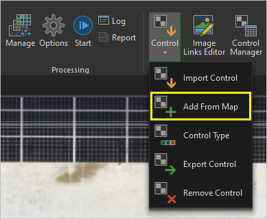 Option Add From Map (Ajouter depuis la carte) dans le menu déroulant (Control (Contrôle)