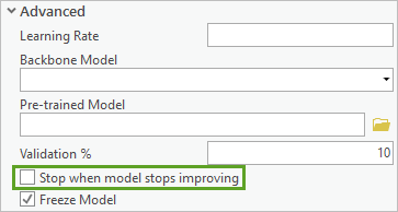 Paramètre Stop when model stops improving (Arrêter lorsque le modèle ne s’améliore plus)