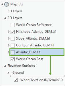 Couche Atlantic_DEM.tif glissée vers la catégorie de couches Elevation Surfaces (Surfaces d’élévation)