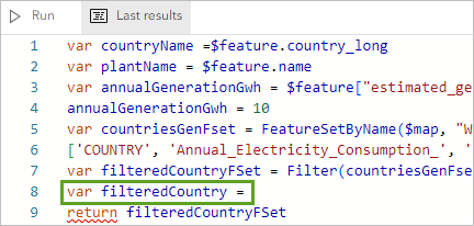 var filteredCountry = と入力します。