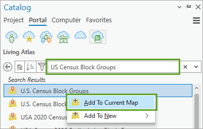 Living Atlas の US Census Block Groups Web レイヤーのショートカット メニューの現在のマップに追加