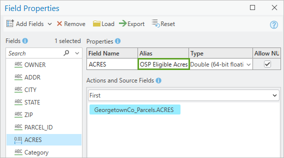 Acres フィールドのプロパティを開きます。