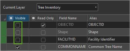 フィールド ビューの表示列で OBJECTID、Shape、および FACILITYID フィールドがオフになっている状態