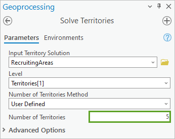 [テリトリーの解析 (Solve Territories)] ツールで [テリトリー数] を 5 に設定