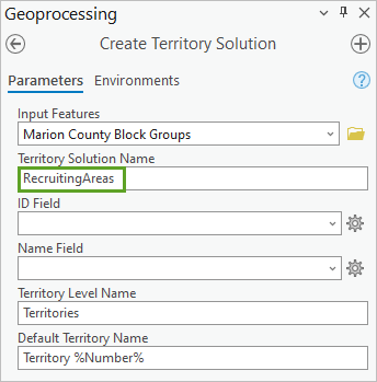 パラメーターが入力された [テリトリー ソリューションの作成 (Create Territory Solution)] ツール