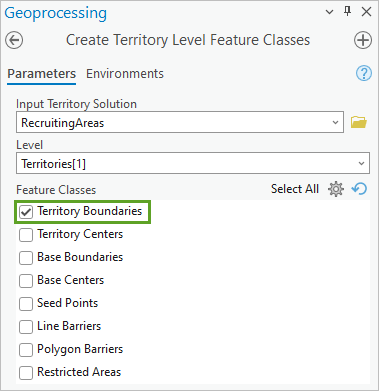 [テリトリー レベル フィーチャクラスの作成 (Create Territory Level Feature Classes)] ツールで [テリトリー境界] を選択