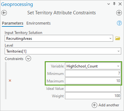 パラメーターが入力された [テリトリー属性制限の設定 (Set Territory Attribute Constraints)] ツール