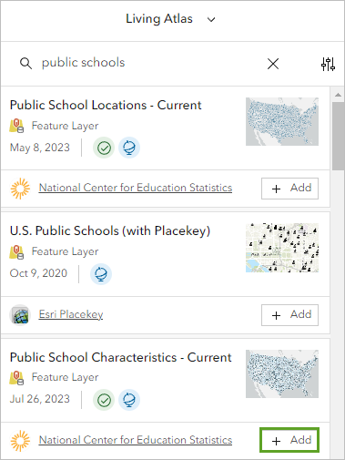 レイヤーの追加ウィンドウの Public School Characteristics - Current レイヤーにある追加ボタン