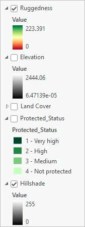 Ruggedness および Hillshade レイヤーがオンになっており、Elevation、Land Cover、および Protected_Status レイヤーがオフになっています。