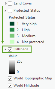 Hillshade レイヤーが Protected_Status レイヤーの下にドロップされた状態