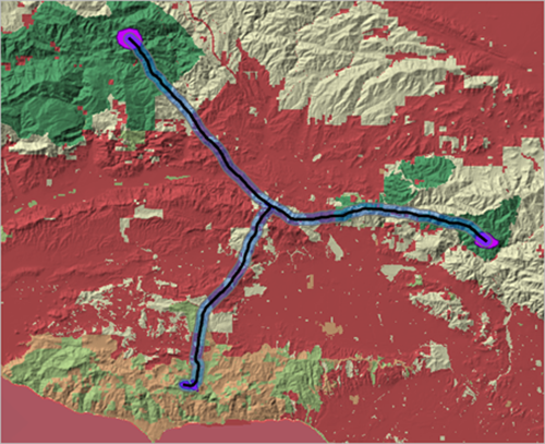 マップ上に半透明の青色で表示された Wildlife_Corridors バッファー