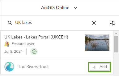 検索結果の UK Lakes - Lakes Portal (UKCEH) アイテムの追加ボタン