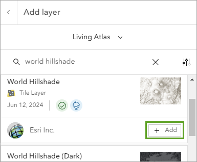 検索結果の World Hillshade アイテムの追加ボタン