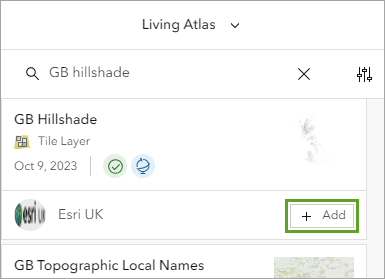 検索結果の GB Hillshade アイテムの追加ボタン