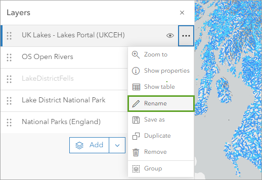 UK Lakes - Lakes Portal (UKCEH) レイヤーのオプション メニューの名前の変更