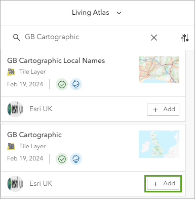 検索結果の GB Cartographic アイテムの追加ボタン