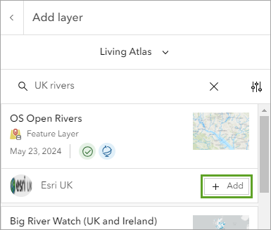 検索結果の OS Open Rivers アイテムの追加ボタン