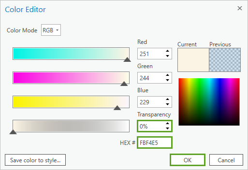 透過表示を 0% に、HEX # を FBF4E5 に設定。