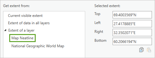 空間フィルターの範囲ウィンドウで Map Neatline をハイライト表示