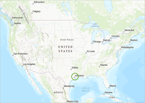 米国本土のマップ上で円で囲まれたテキサス州ヒューストン
