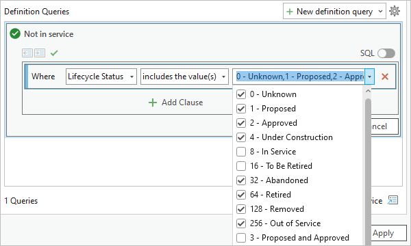 Where 句 Lifecycle Status が複数の値を含むに設定されたクエリ