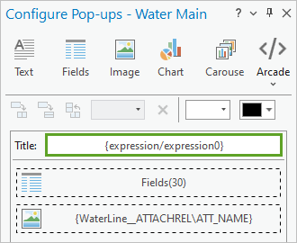 ポップアップの構成ウィンドウで {expression/expression0} に設定されたタイトル