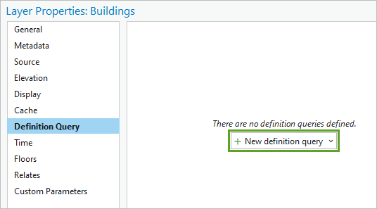 レイヤー プロパティ ウィンドウの定義クエリ タブにある新しい定義クエリボタン