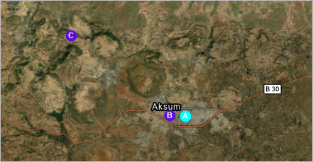 マップ上の Aksum の複数の候補がある住所