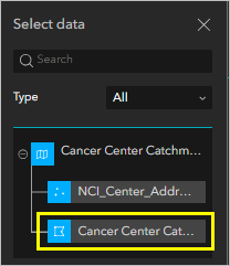 データの選択ウィンドウのマップの Cancer Center Catchment ポリゴン レイヤー