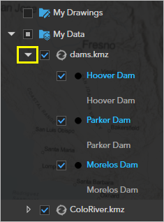 展開して 3 つのダムが表示された dams.kmz レイヤー