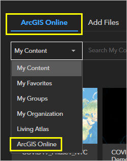 ドロップダウン メニューの ArcGIS Online