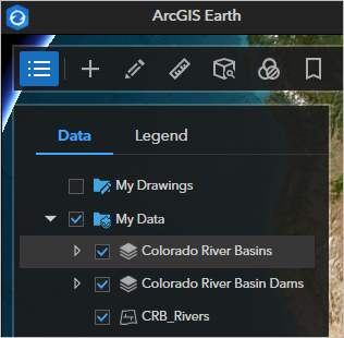 ArcGIS Earth にあるレイヤーを表示するコンテンツ ウィンドウ