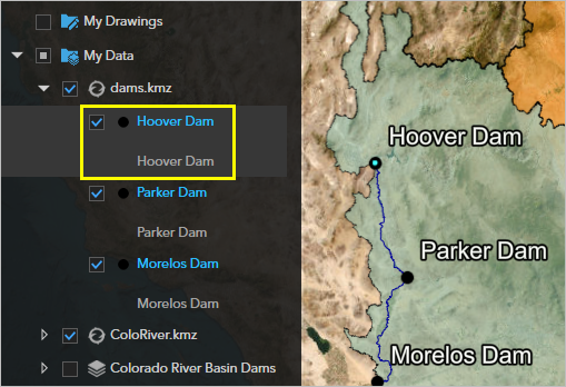 マップで Hoover Dam とそのノードが選択された状態