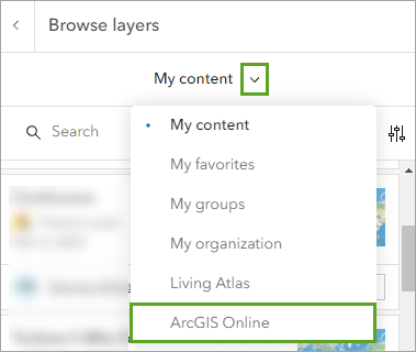 レイヤーを追加するオプション リストの ArcGIS Online