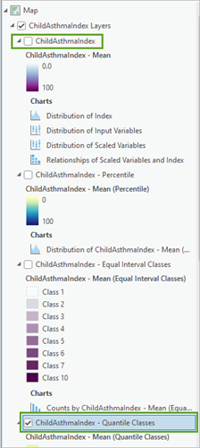 コンテンツ ウィンドウの ChildAsthmaIndex レイヤーのチェックボックスがオフ、ChildAsthmaIndex - Quantile Classes レイヤーのチェックボックスがオンの状態