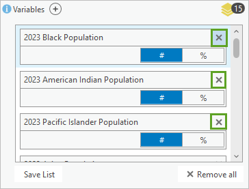 Enrich with Disaggregated Demographic Data ツール ウィンドウの読み込み済み変数の削除