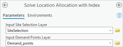 Solve Location Allocation with Index ウィンドウの Input Site Selection Layer と Input Demand Points Layer のパラメーター