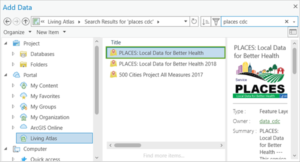 データの追加ウィンドウの data_cdc が所有するグループ レイヤー (Places: Local Data for Better Health)