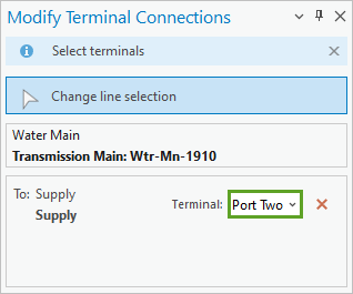 ターミナル接続の変更ウィンドウで Port Two に設定されたターミナル