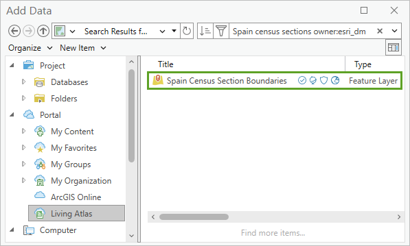 検索結果のリストの Spain Census Section Boundaries レイヤー